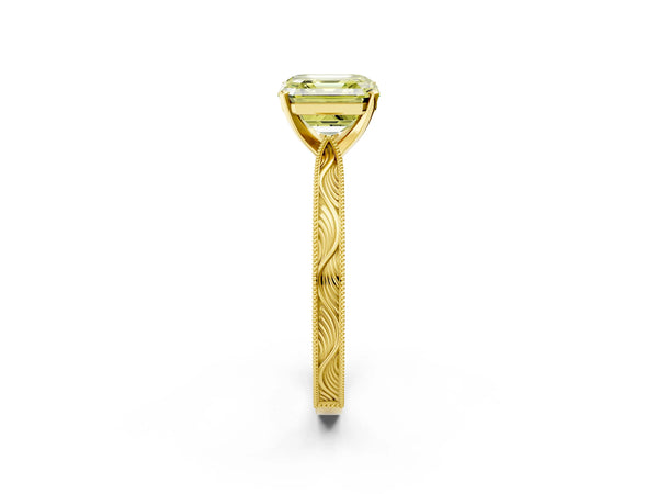 Yellow Gold Asscher Cut Solitaire Engagement Ring Setting for Fancy Yellow Center with Engraved Band