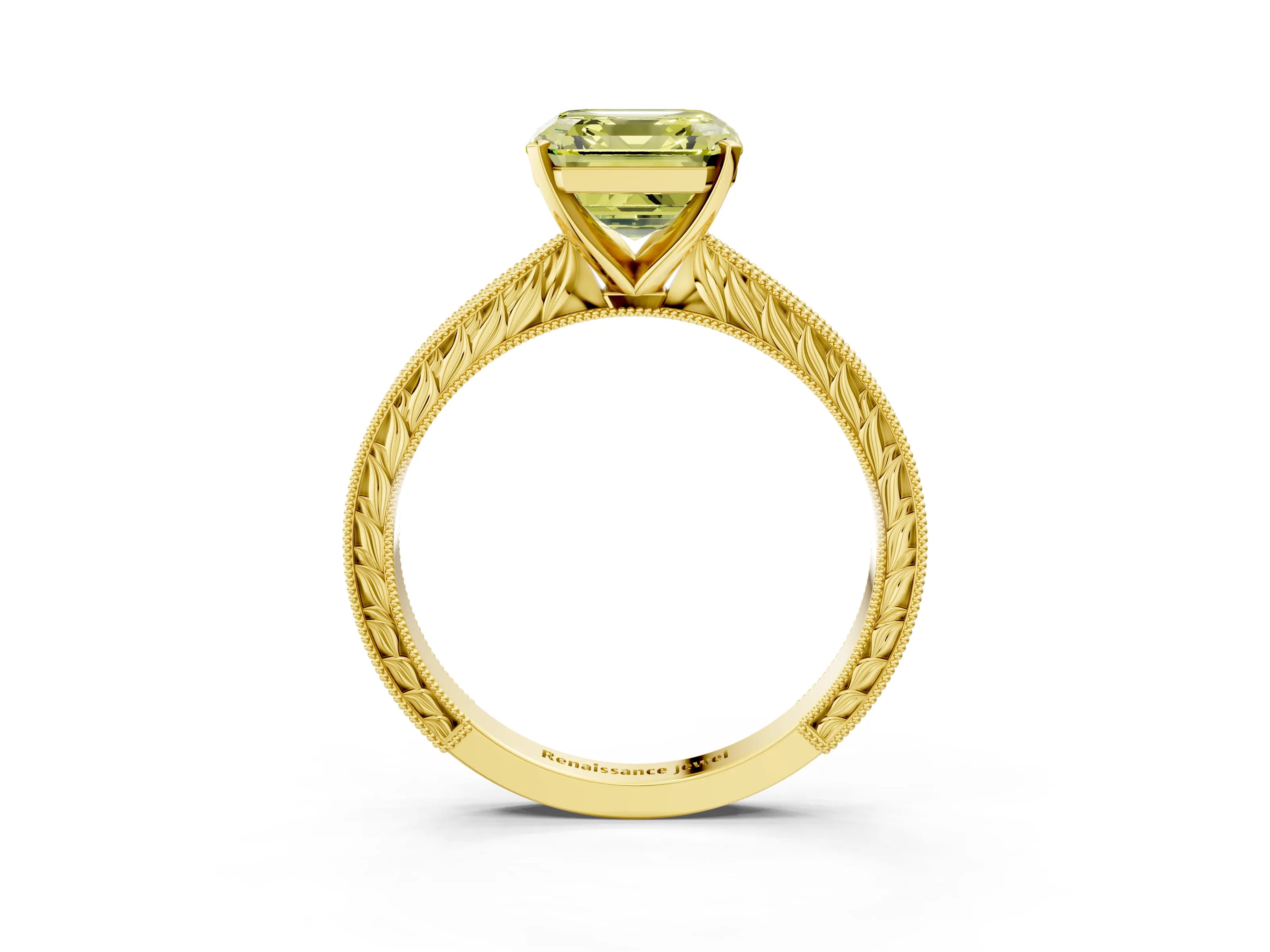 Yellow gold Fancy Yellow Asscher Cut Solitaire Milgrain Engraved Band with Four-Prong Setting_3