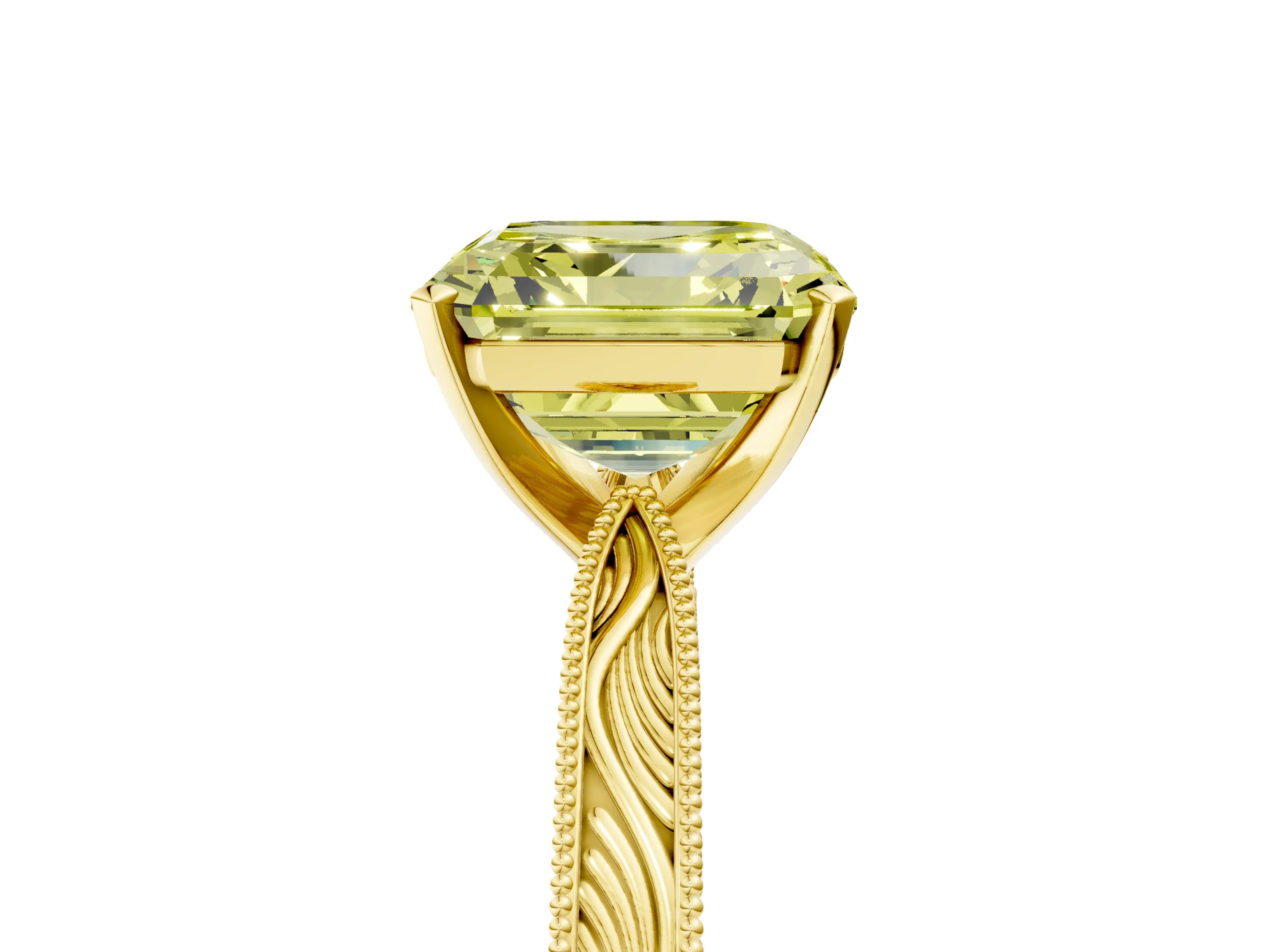 Yellow gold Fancy Yellow Asscher Cut Solitaire Milgrain Engraved Band with Four-Prong Setting_5