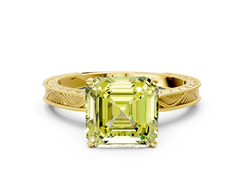 Yellow gold Fancy Yellow Asscher Cut Solitaire Milgrain Engraved Band with Four-Prong Setting