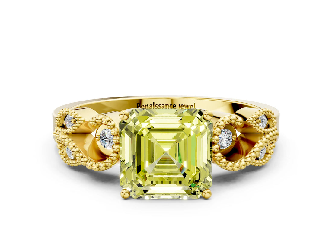 Yellow gold Fancy Yellow Asscher Cut Solitaire Milgrain Leaf Band with Prong Setting_12