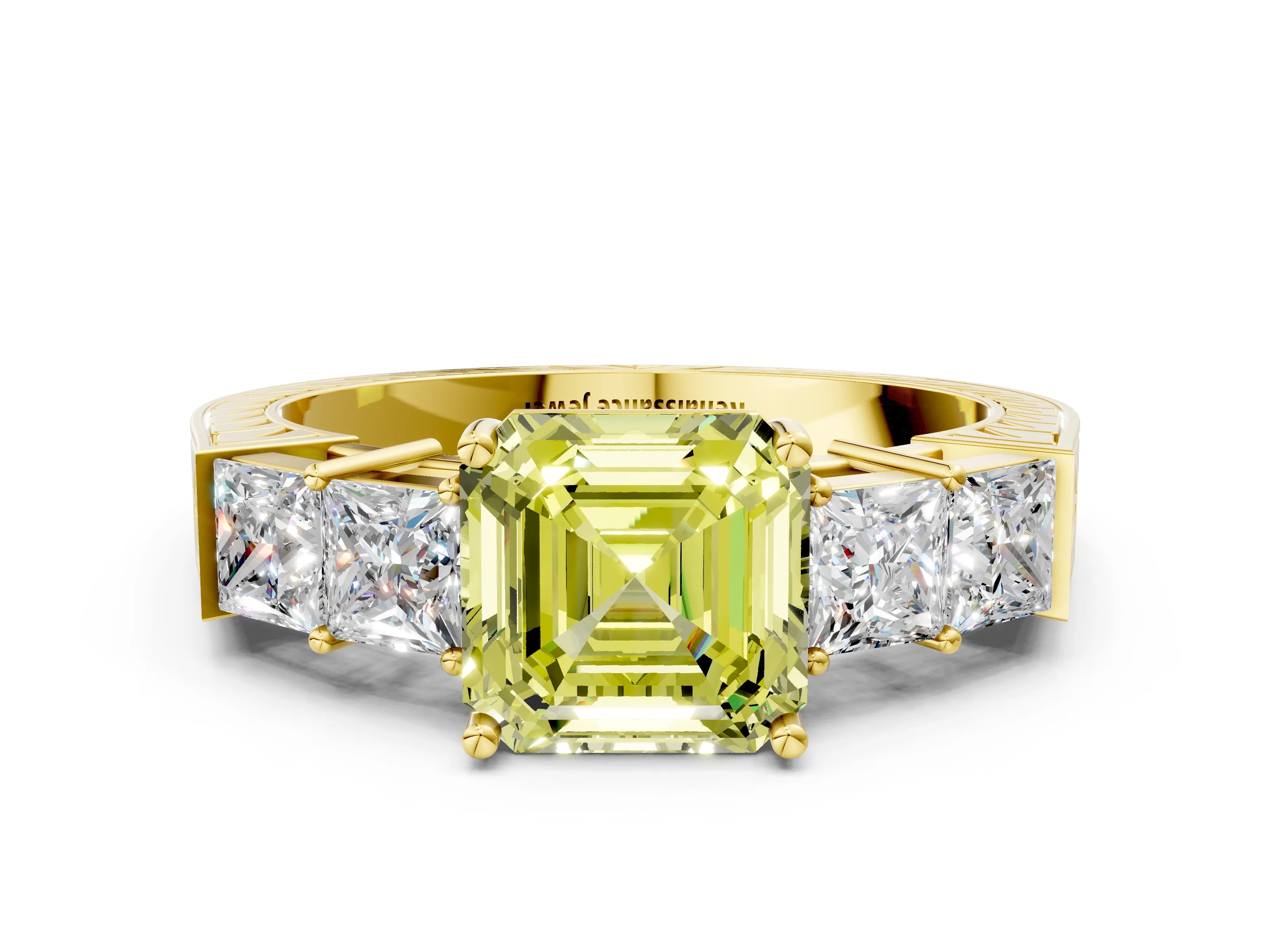 Yellow gold Fancy Yellow Asscher Cut Solitaire Princess Side Stone Engraved Band Prong Setting Ring
