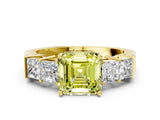 Yellow gold Fancy Yellow Asscher Cut Solitaire Princess Side Stone Engraved Band Prong Setting Ring