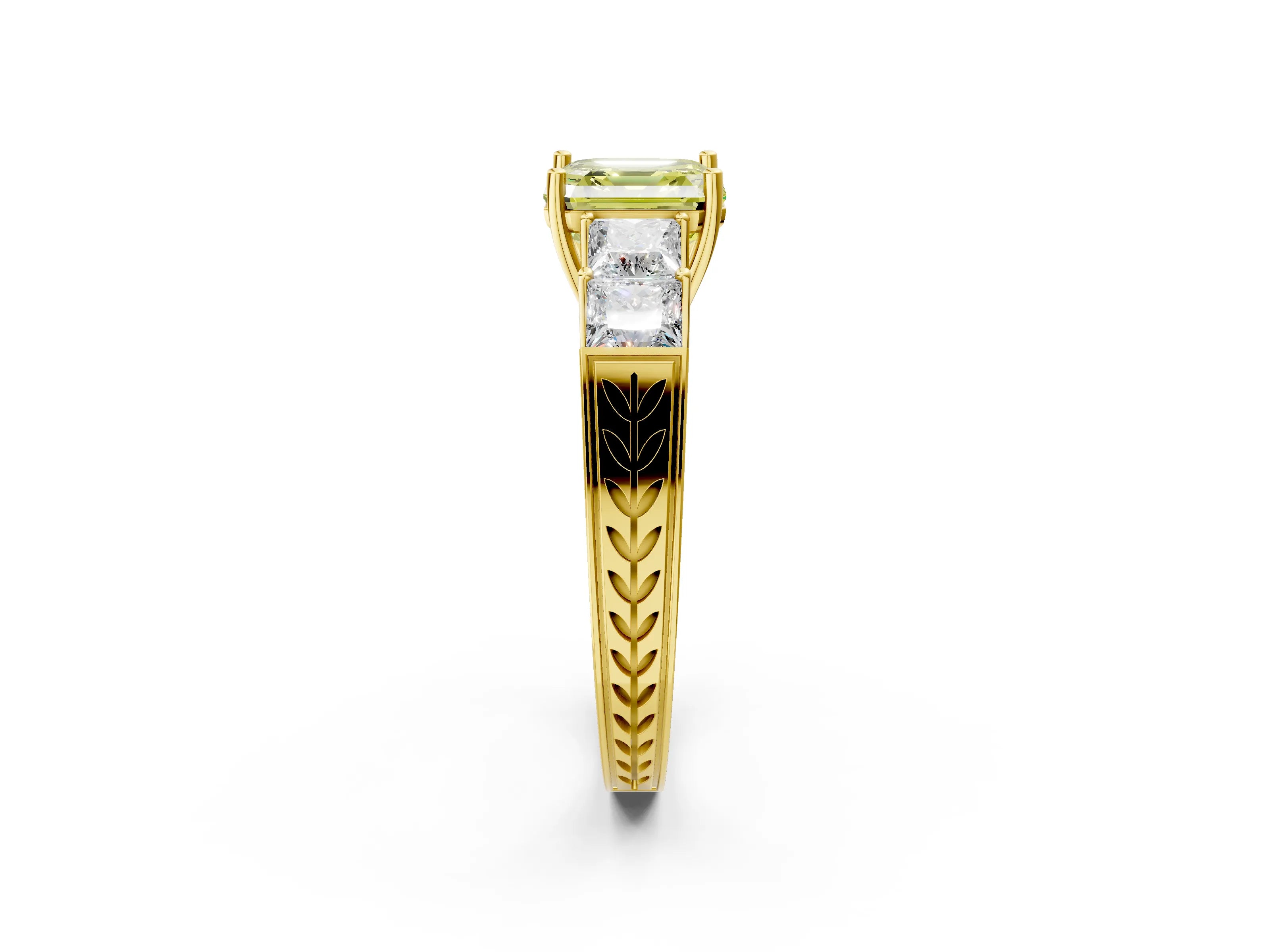 Yellow gold Fancy Yellow Asscher Cut Solitaire Princess Side Stone Engraved Band Prong Setting Ring_2