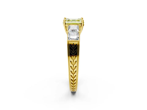 Yellow gold Fancy Yellow Asscher Cut Solitaire Princess Side Stone Engraved Band Prong Setting Ring_2