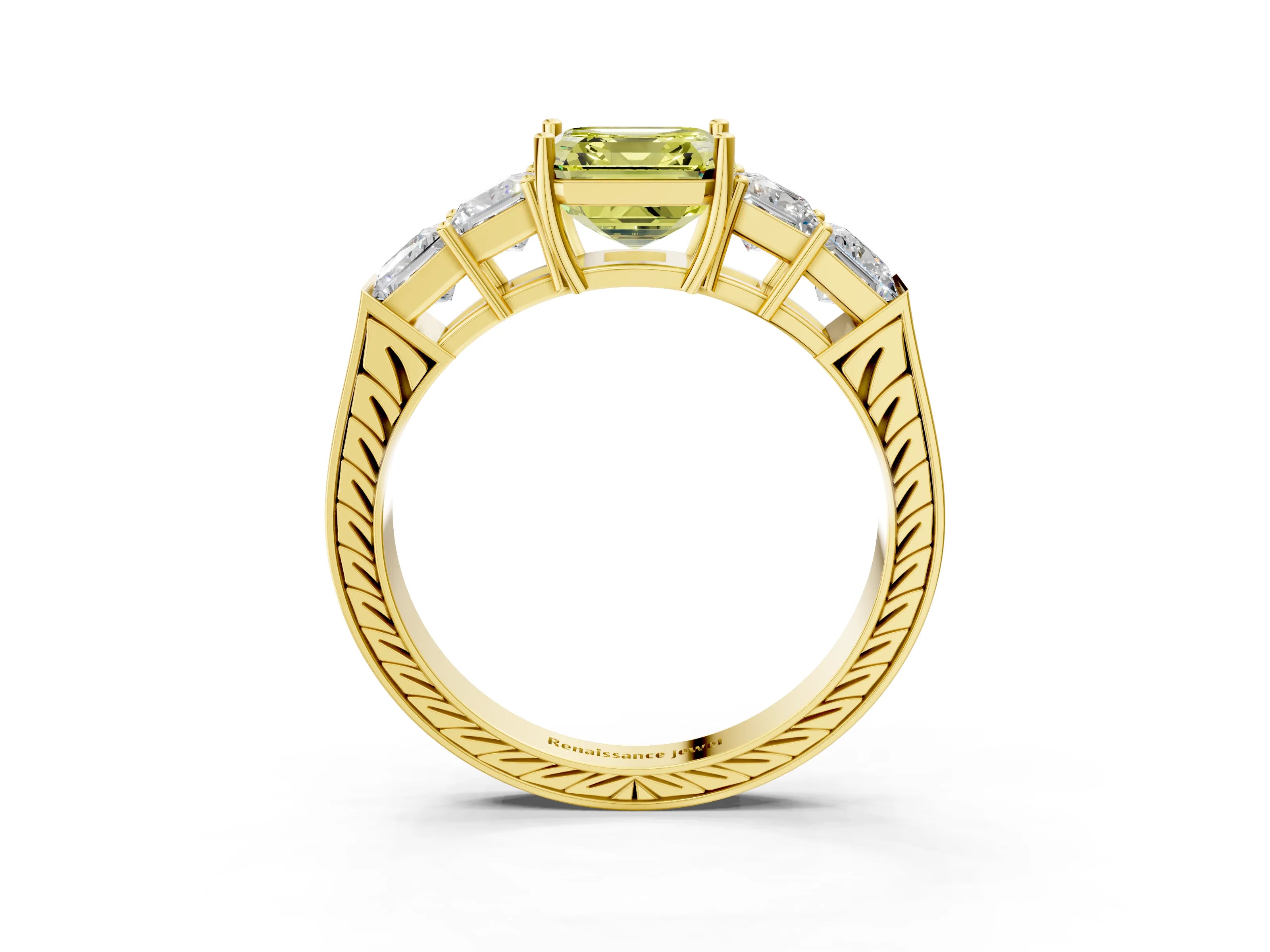 Yellow gold Fancy Yellow Asscher Cut Solitaire Princess Side Stone Engraved Band Prong Setting Ring_3