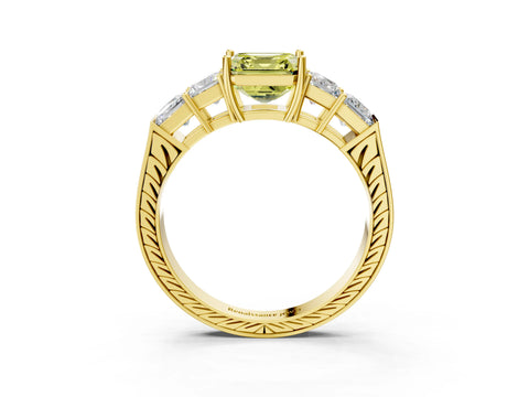 Yellow gold Fancy Yellow Asscher Cut Solitaire Princess Side Stone Engraved Band Prong Setting Ring_3