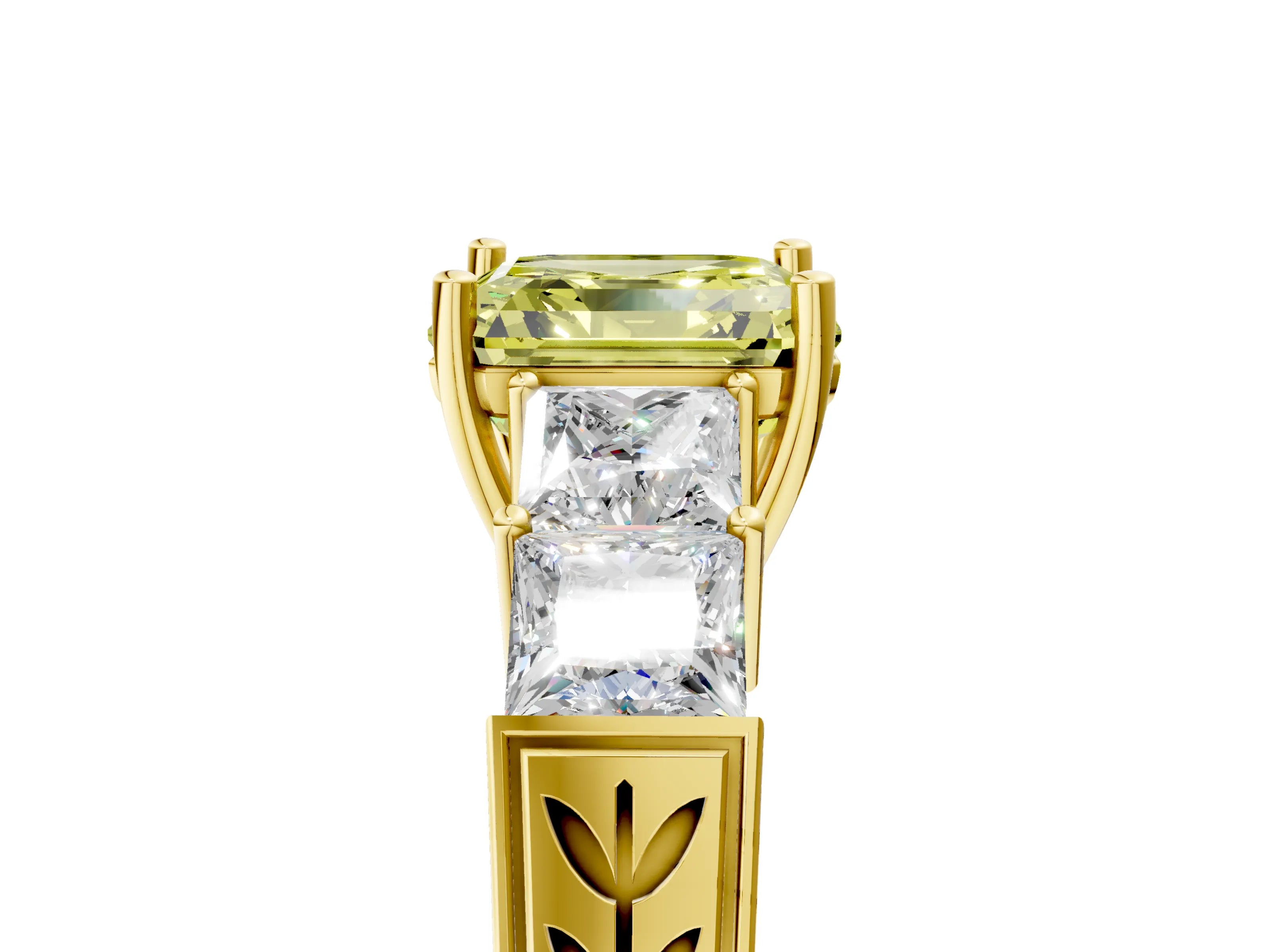 Yellow gold Fancy Yellow Asscher Cut Solitaire Princess Side Stone Engraved Band Prong Setting Ring_5