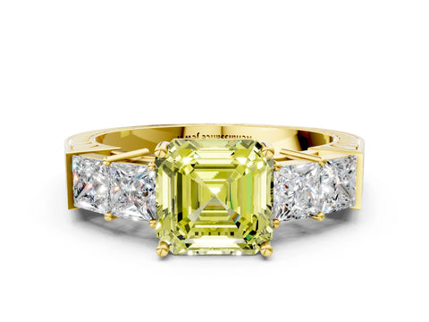 Yellow gold Fancy Yellow Asscher Cut Solitaire Princess Side Stone Engraved Band Prong Setting Ring