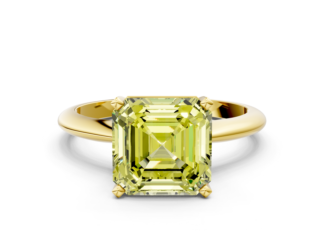 Yellow gold Fancy Yellow Asscher  Cut Solitaire Ring with Four-Prong Setting on a Classic Band