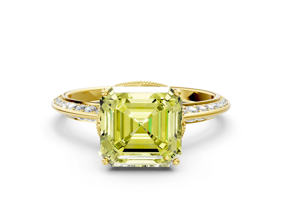 Yellow gold Fancy Yellow Asscher Cut Solitaire Split Shank Pave Diamond Engagement Ring with Four-Prong Setting