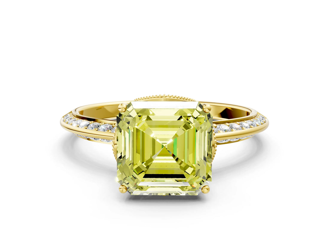 Yellow gold Fancy Yellow Asscher Cut Solitaire Split Shank Pave Diamond Engagement Ring with Four-Prong Setting_24