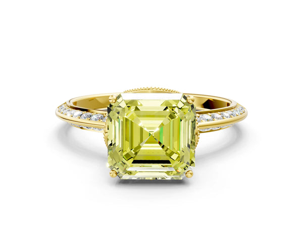 Yellow Gold Asscher Cut Graduated Pave Engagement Ring Setting for Fancy Yellow Center