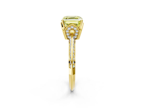 Yellow Gold Asscher Cut Graduated Pave Engagement Ring Setting for Fancy Yellow Center