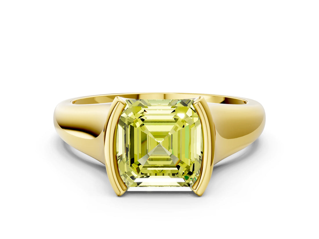 Yellow gold Fancy Yellow Asscher Cut Solitaire Tension Set Diamond Ring with Split Shank Band