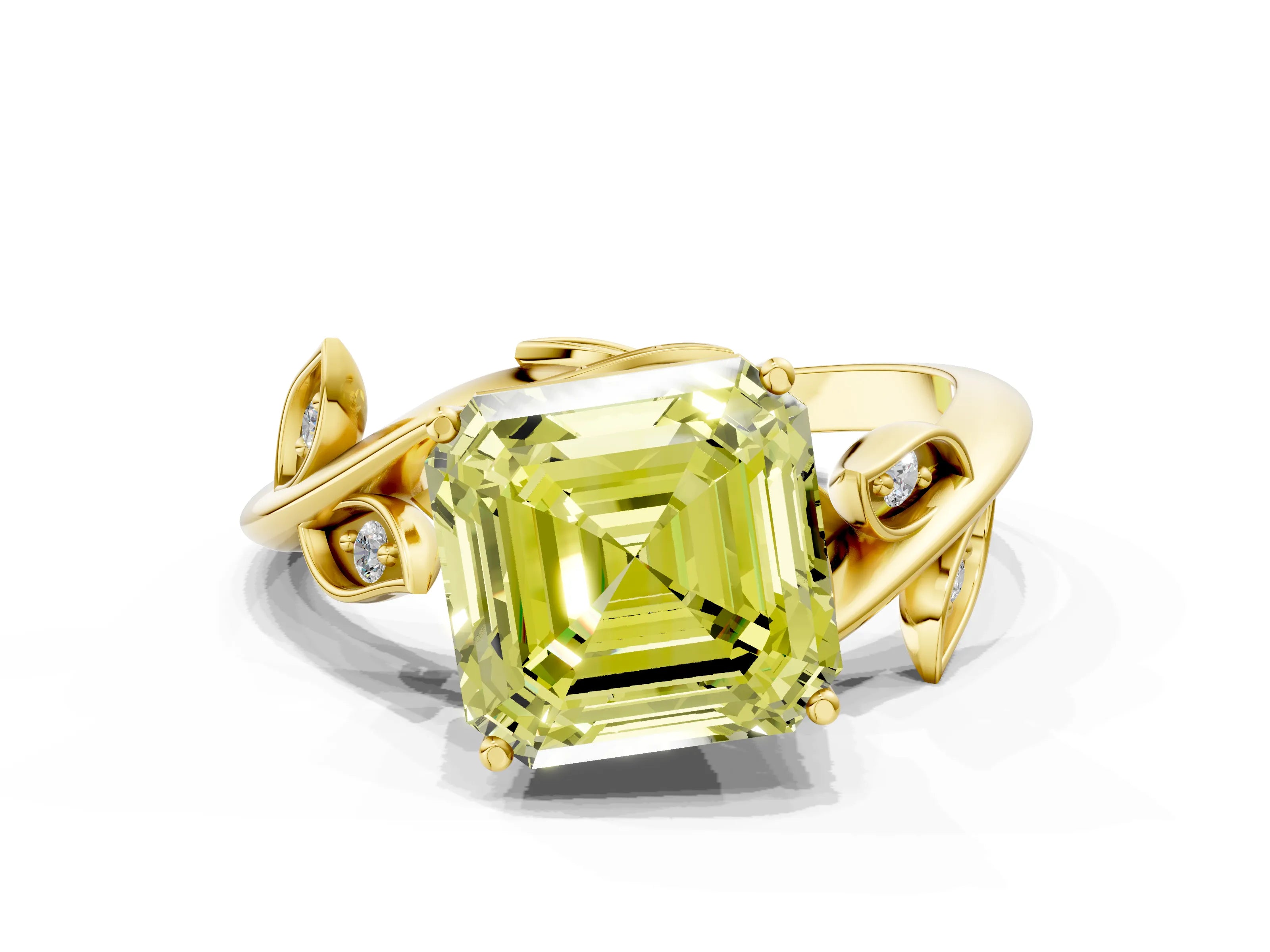 Yellow gold Fancy Yellow Asscher Cut Solitaire Twist Engagement Ring with Leaf Accents and Prong Setting