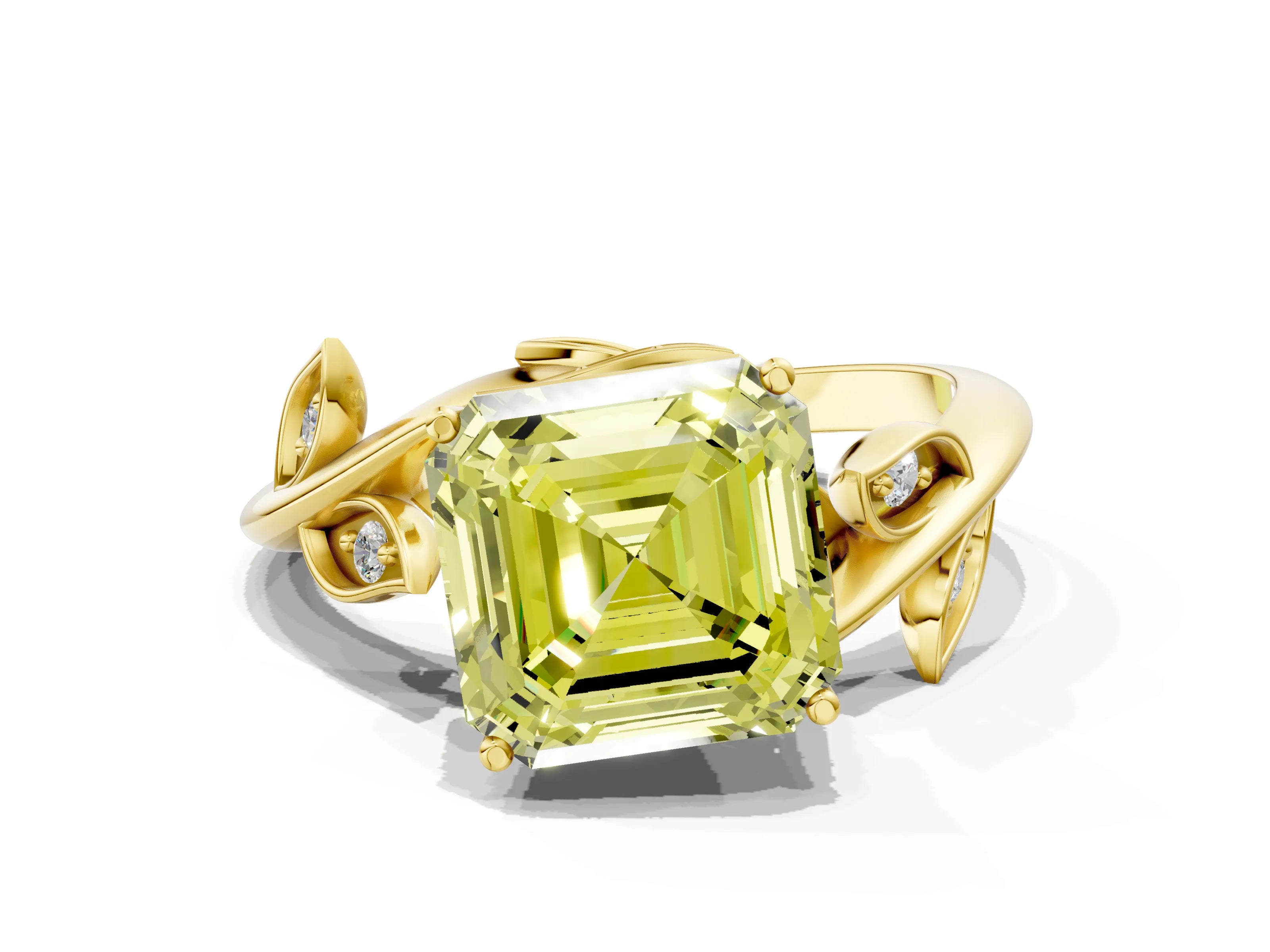Yellow gold Fancy Yellow Asscher Cut Solitaire Twist Engagement Ring with Leaf Accents and Prong Setting_12