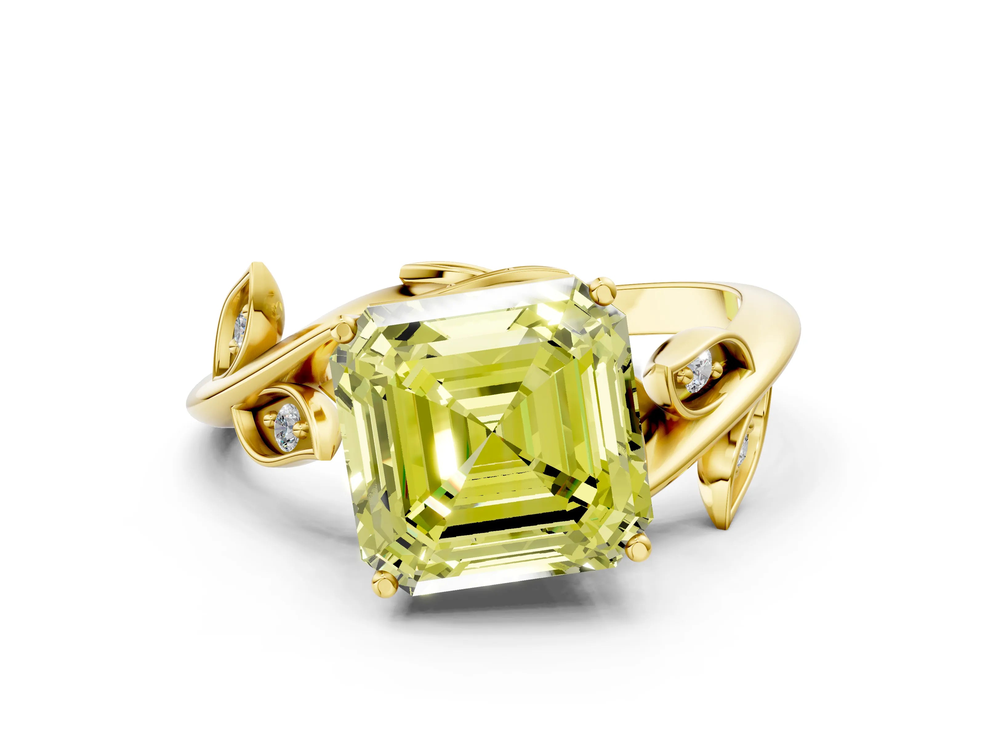 Yellow gold Fancy Yellow Asscher Cut Solitaire Twist Engagement Ring with Leaf Accents and Prong Setting_12