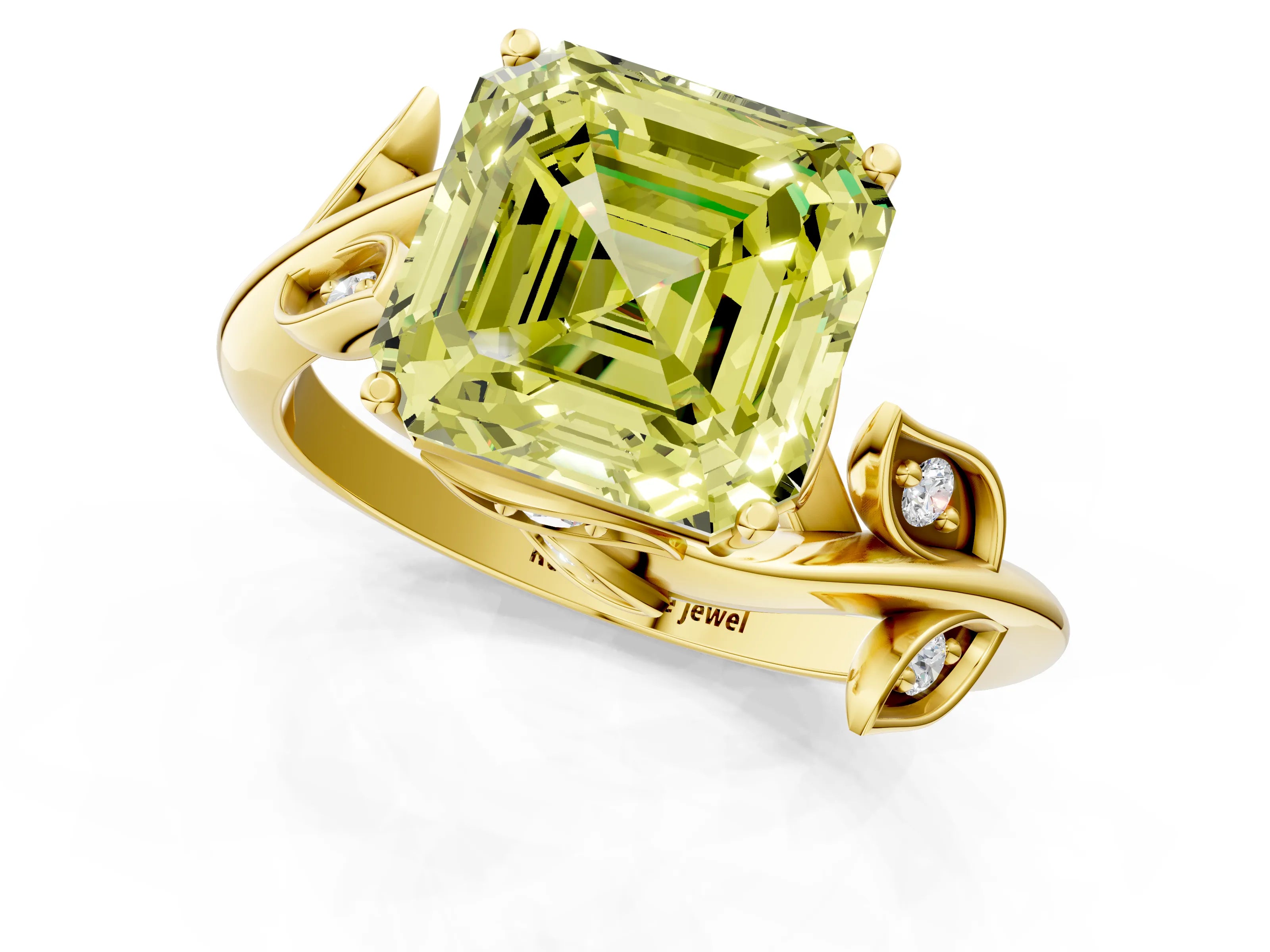 Yellow gold Fancy Yellow Asscher Cut Solitaire Twist Engagement Ring with Leaf Accents and Prong Setting_13
