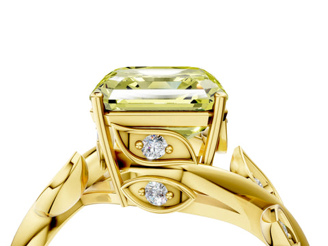 Yellow gold Fancy Yellow Asscher Cut Solitaire Twist Engagement Ring with Leaf Accents and Prong Setting_16