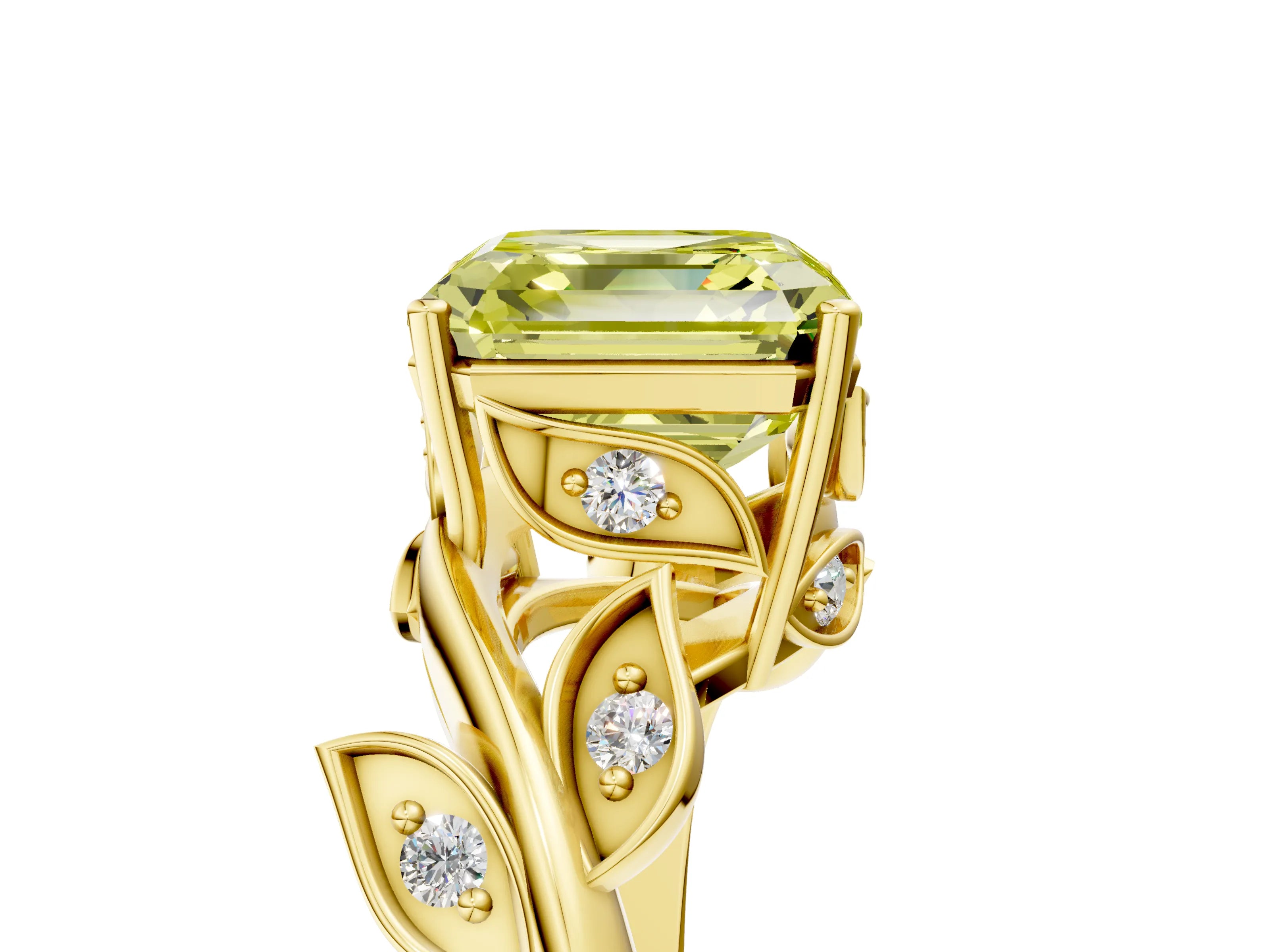 Yellow gold Fancy Yellow Asscher Cut Solitaire Twist Engagement Ring with Leaf Accents and Prong Setting_17