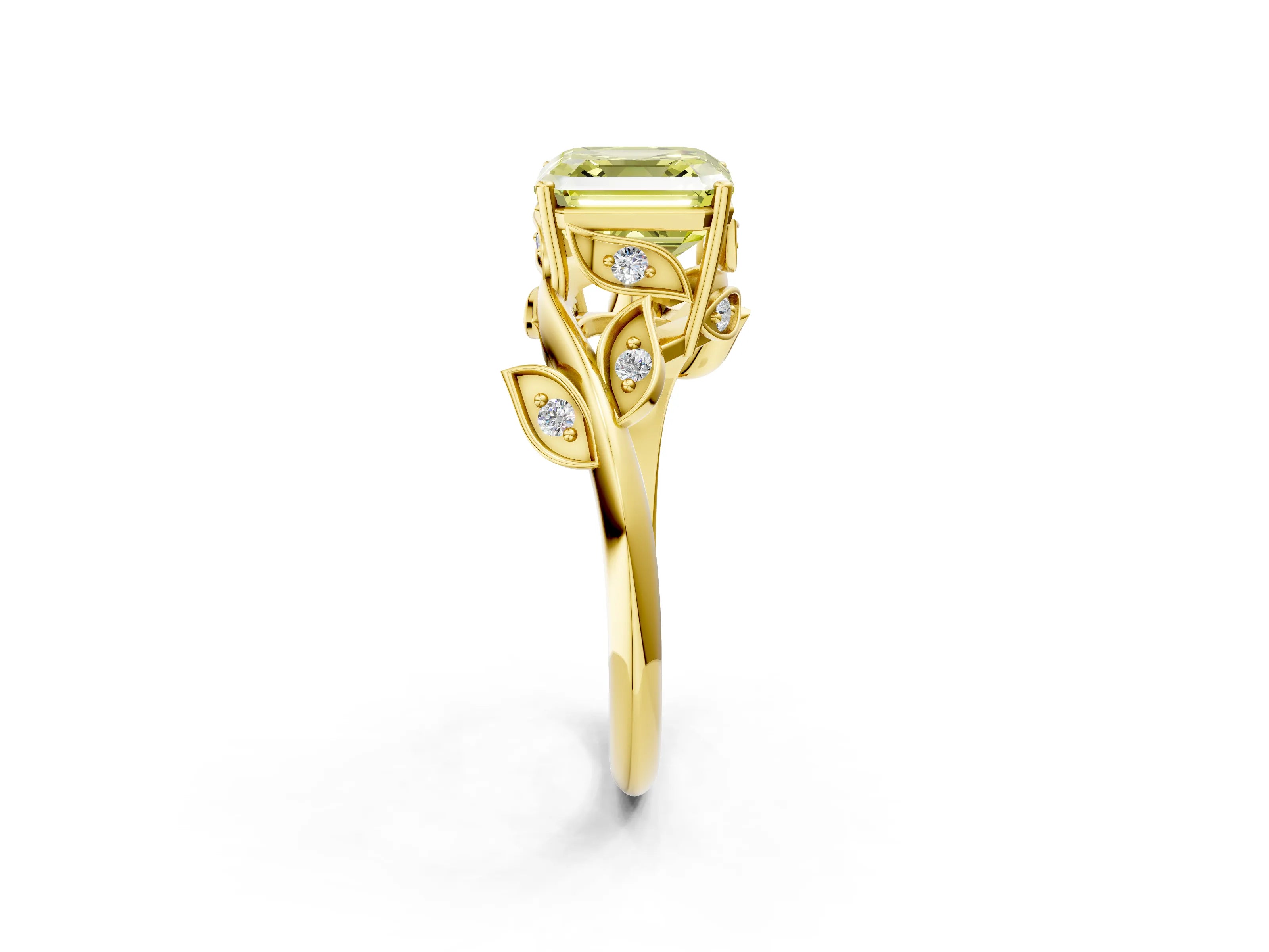 Yellow gold Fancy Yellow Asscher Cut Solitaire Twist Engagement Ring with Leaf Accents and Prong Setting_2