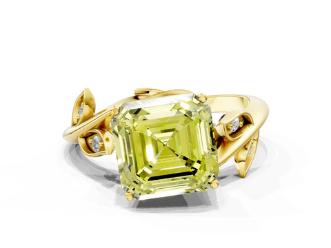 Yellow gold Fancy Yellow Asscher Cut Solitaire Twist Engagement Ring with Leaf Accents and Prong Setting