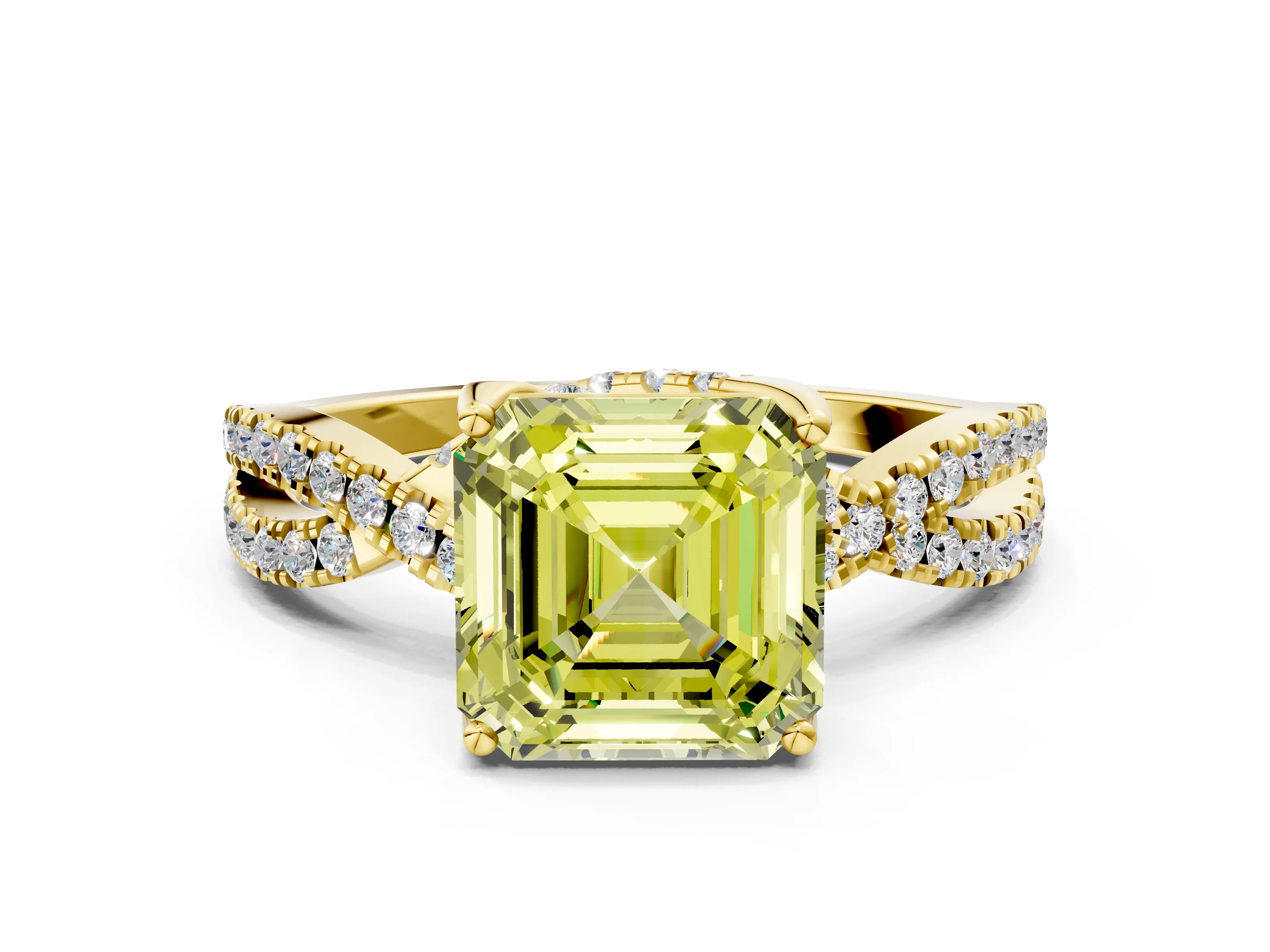Yellow gold Fancy Yellow Asscher Cut Solitaire Twist Pave Diamond Engagement Ring with Prong Setting