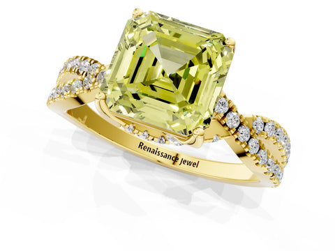 Yellow gold Fancy Yellow Asscher Cut Solitaire Twist Pave Diamond Engagement Ring with Prong Setting_1