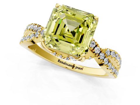 Yellow gold Fancy Yellow Asscher Cut Solitaire Twist Pave Diamond Engagement Ring with Prong Setting_25