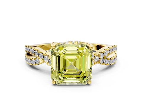 Yellow gold Fancy Yellow Asscher Cut Solitaire Twist Pave Diamond Engagement Ring with Prong Setting