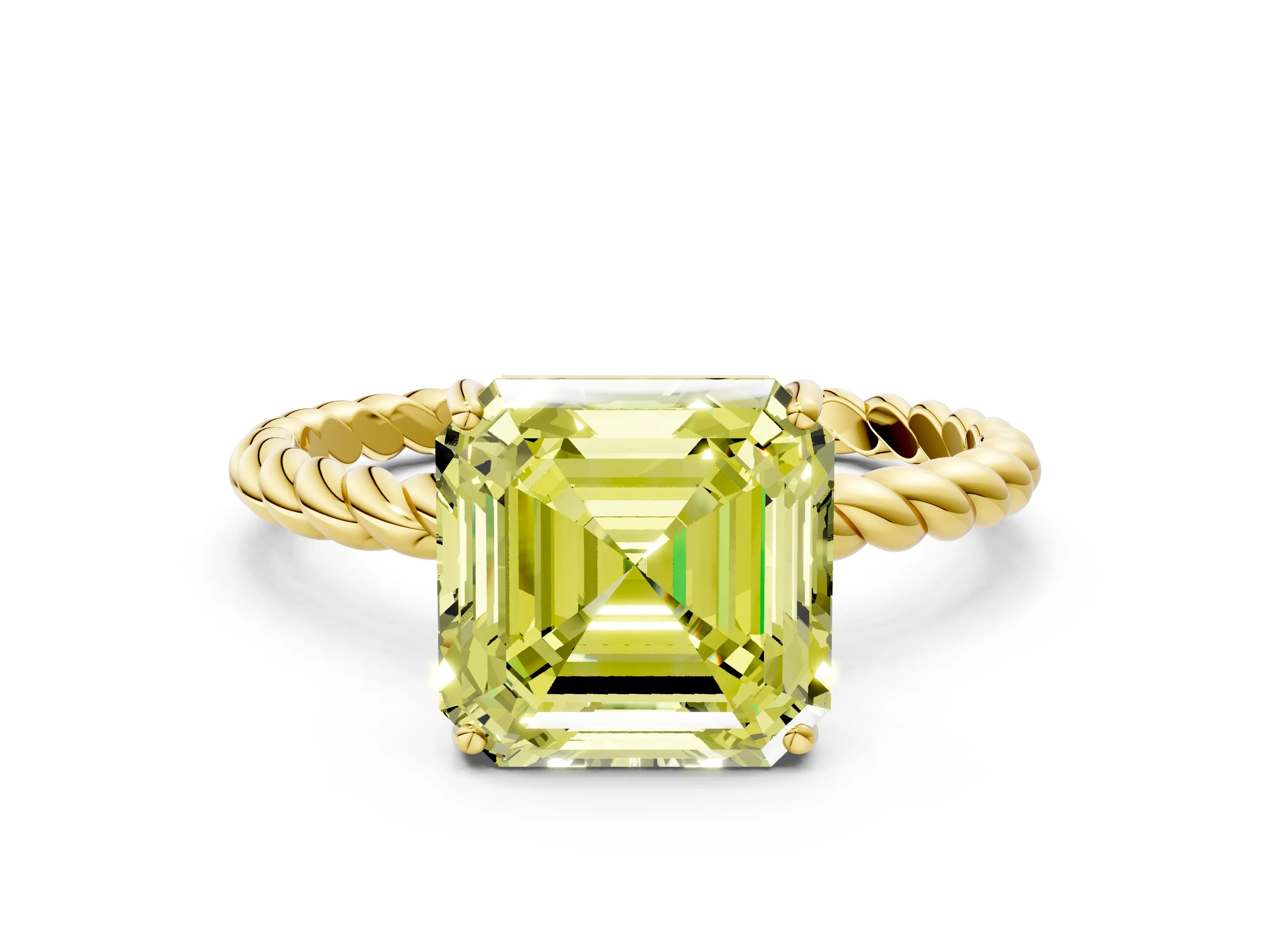 Yellow gold Fancy Yellow Asscher Cut Solitaire Twisted Band 4-Prong Ring