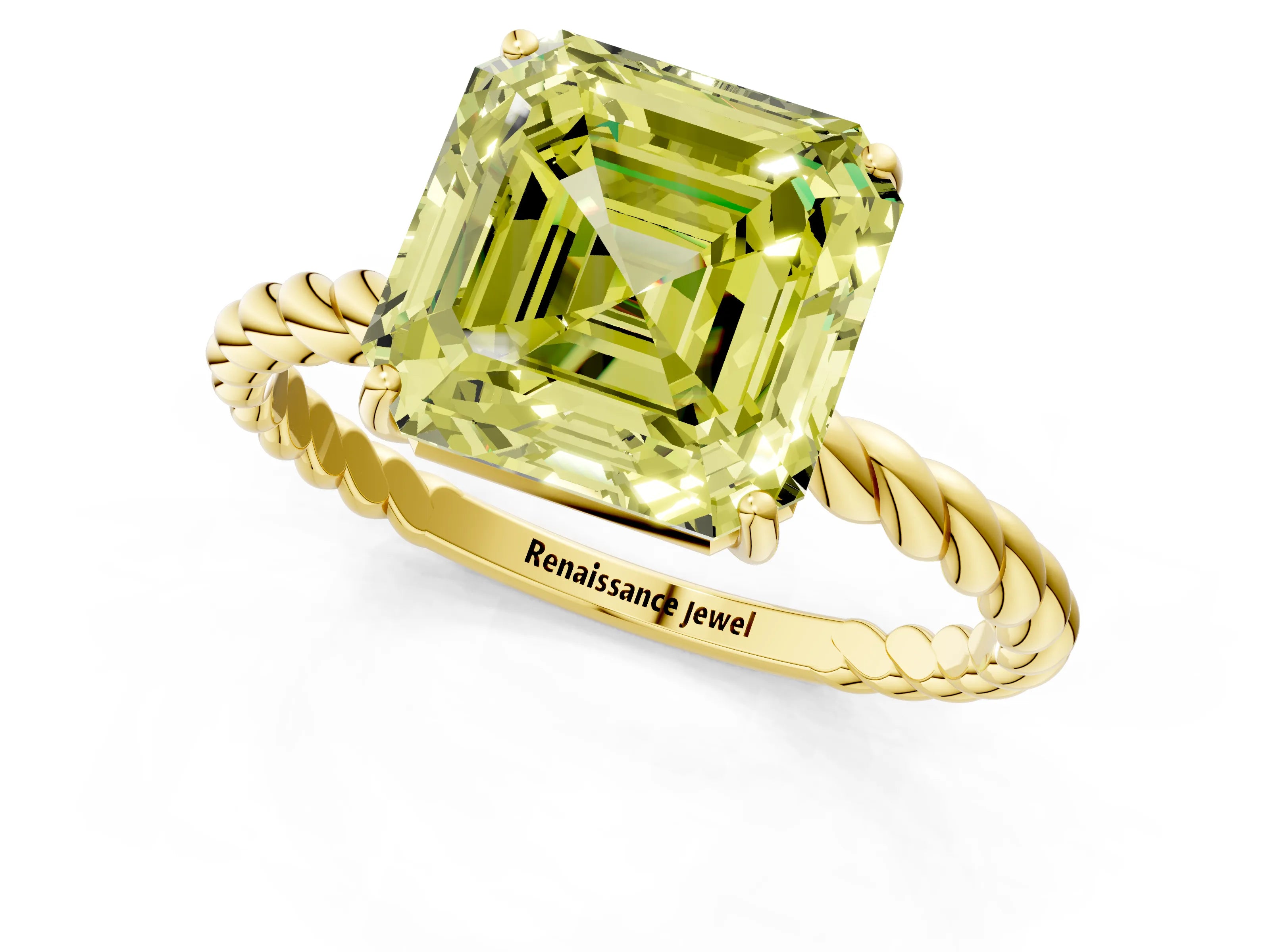 Yellow gold Fancy Yellow Asscher Cut Solitaire Twisted Band 4-Prong Ring_1