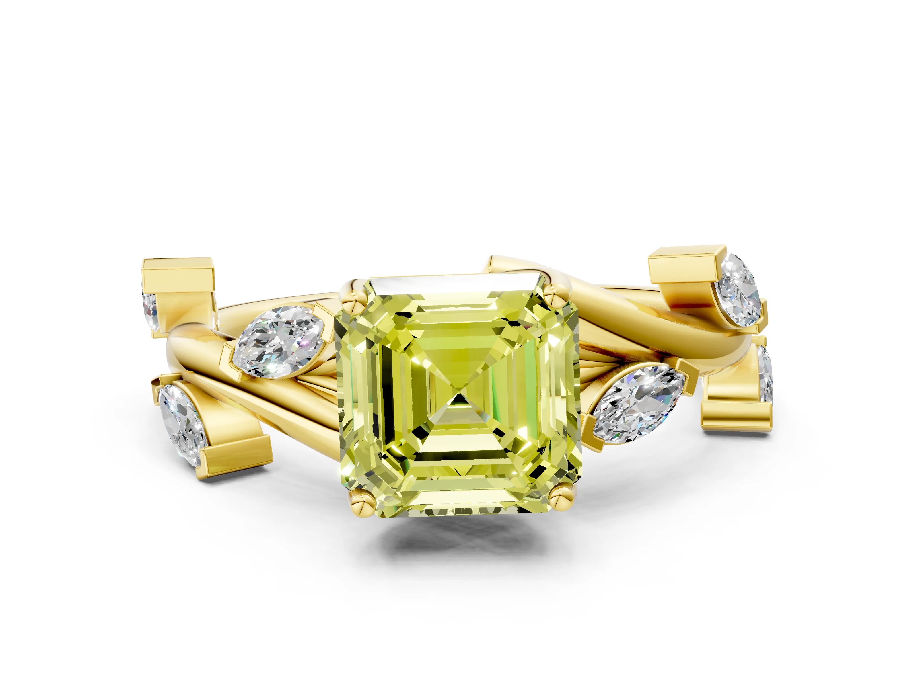 Yellow gold Fancy Yellow Asscher Cut Solitaire Twisted Band Marquise Accent Prong Setting Ring