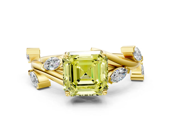 Yellow Gold Asscher Cut Marquise Accent Twisted Engagement Ring Setting for Fancy Yellow Center