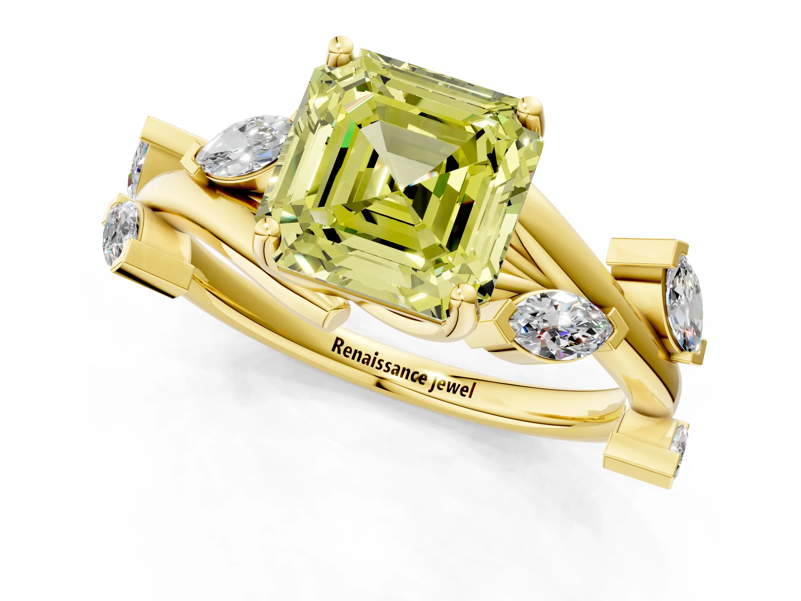 Yellow gold Fancy Yellow Asscher Cut Solitaire Twisted Band Marquise Accent Prong Setting Ring_1