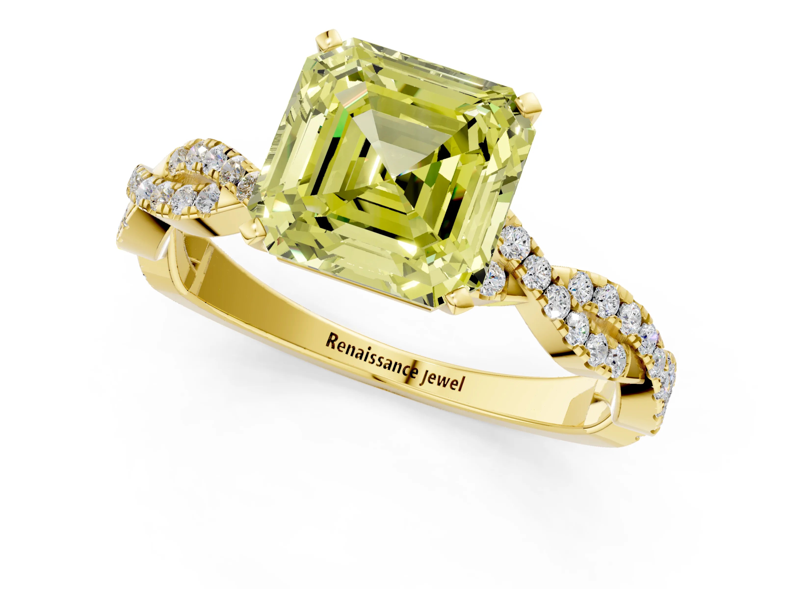 Yellow gold Fancy Yellow Asscher Cut Solitaire Twisted Pave Band with Four-Prong Setting_4
