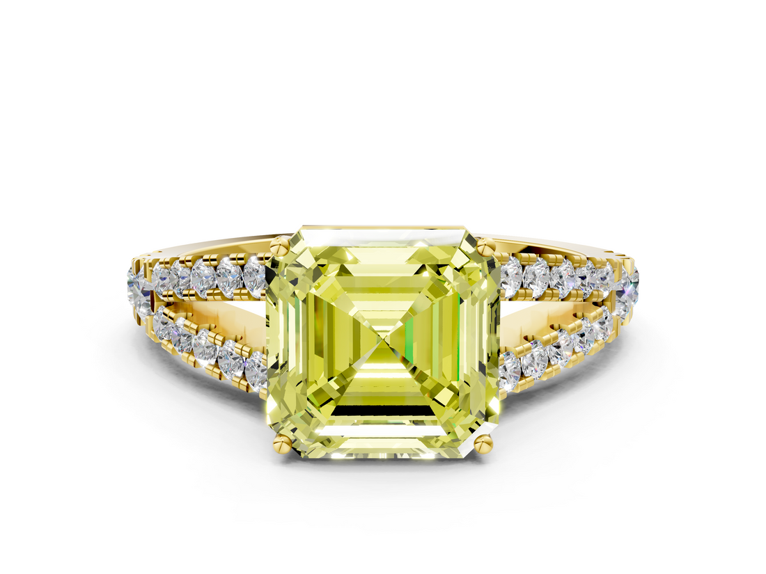 Yellow gold Fancy Yellow Asscher  Cut Split Shank Pave Diamond Engagement Ring with Four-Prong Setting