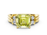 Yellow gold Fancy Yellow Asscher  Cut Three-Stone Channel Set Ring with Bar Prongs