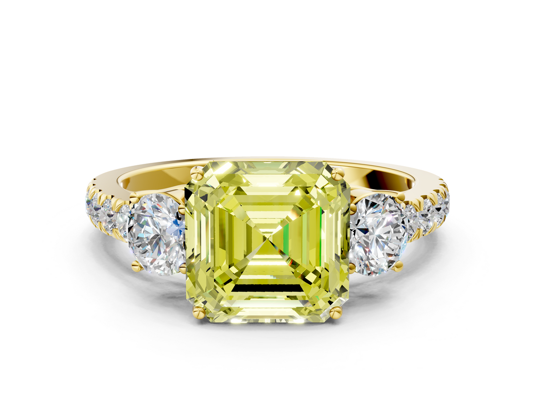 Yellow gold Fancy Yellow Asscher  Cut Three-Stone Diamond Pave Band with Prong Setting_50