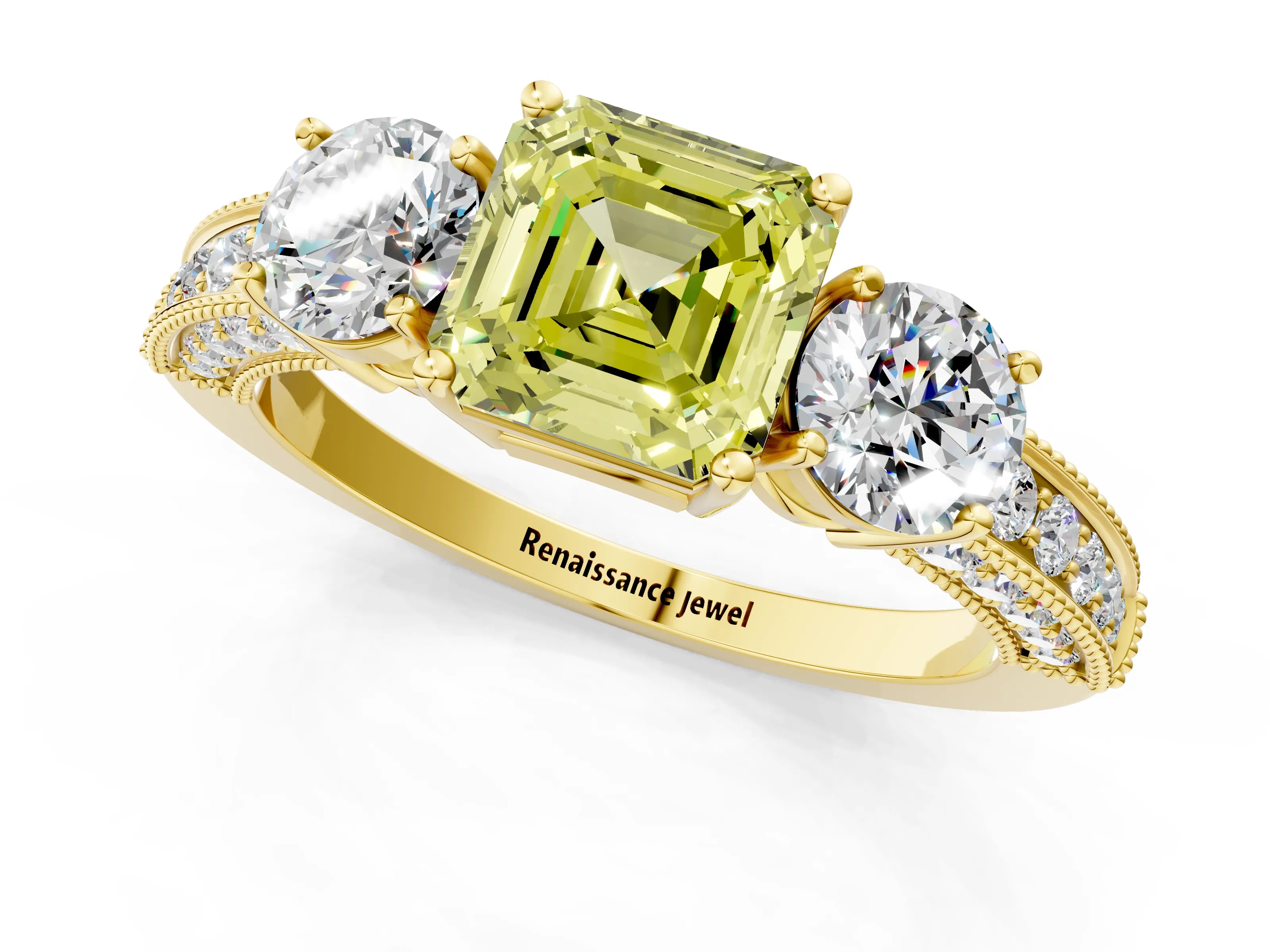 Yellow gold Fancy Yellow Asscher Cut Three-Stone Diamond Ring with Pavé Band and Four-Prong Setting_1