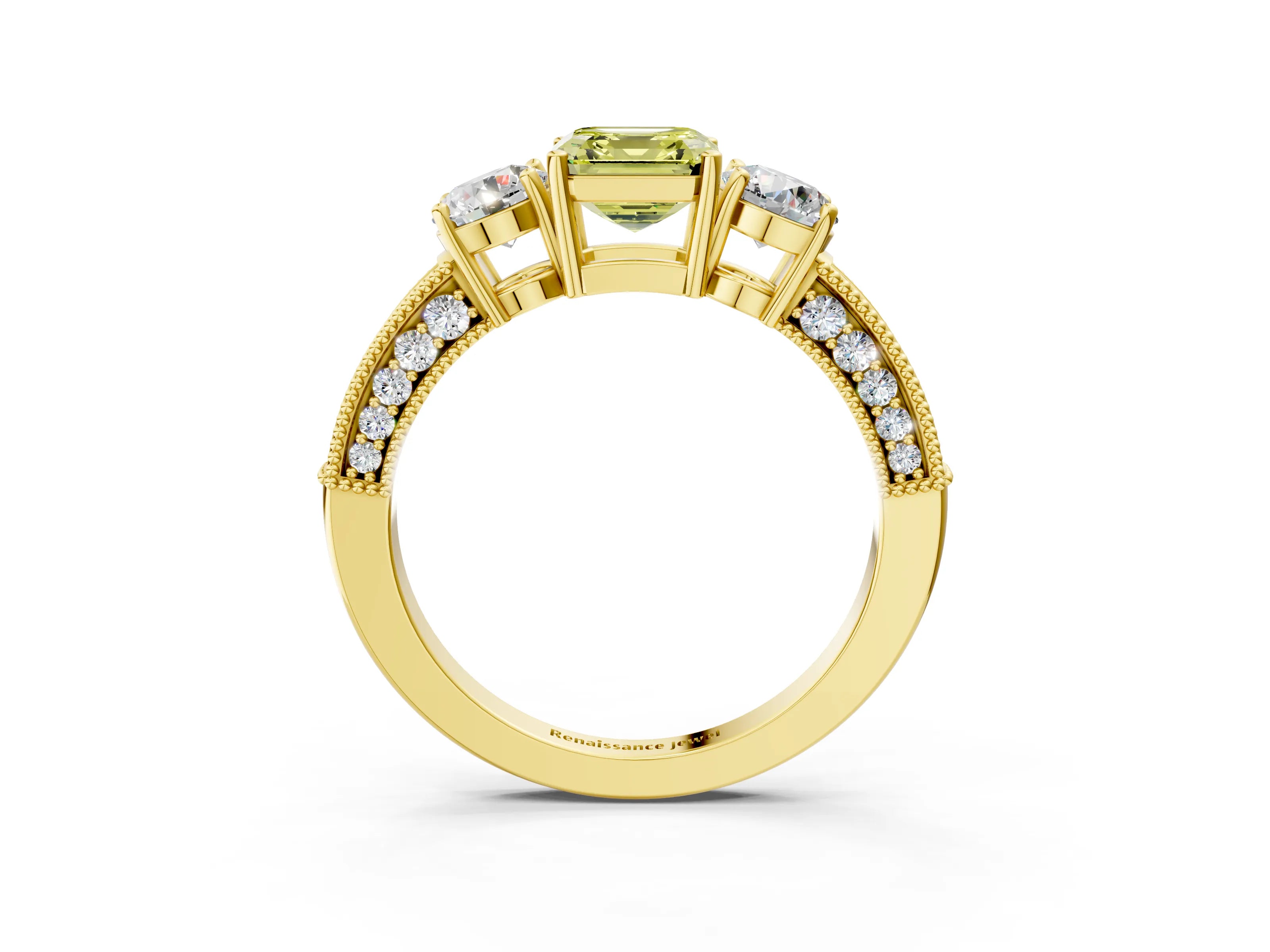 Yellow gold Fancy Yellow Asscher Cut Three-Stone Diamond Ring with Pavé Band and Four-Prong Setting_3