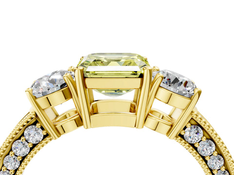 Yellow gold Fancy Yellow Asscher Cut Three-Stone Diamond Ring with Pavé Band and Four-Prong Setting_4