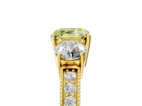 Yellow gold Fancy Yellow Asscher Cut Three-Stone Diamond Ring with Pavé Band and Four-Prong Setting_5