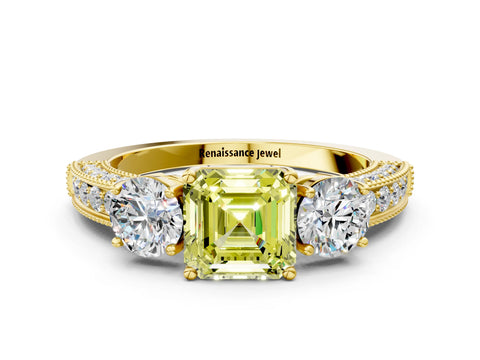 Yellow gold Fancy Yellow Asscher Cut Three-Stone Diamond Ring with Pavé Band and Four-Prong Setting