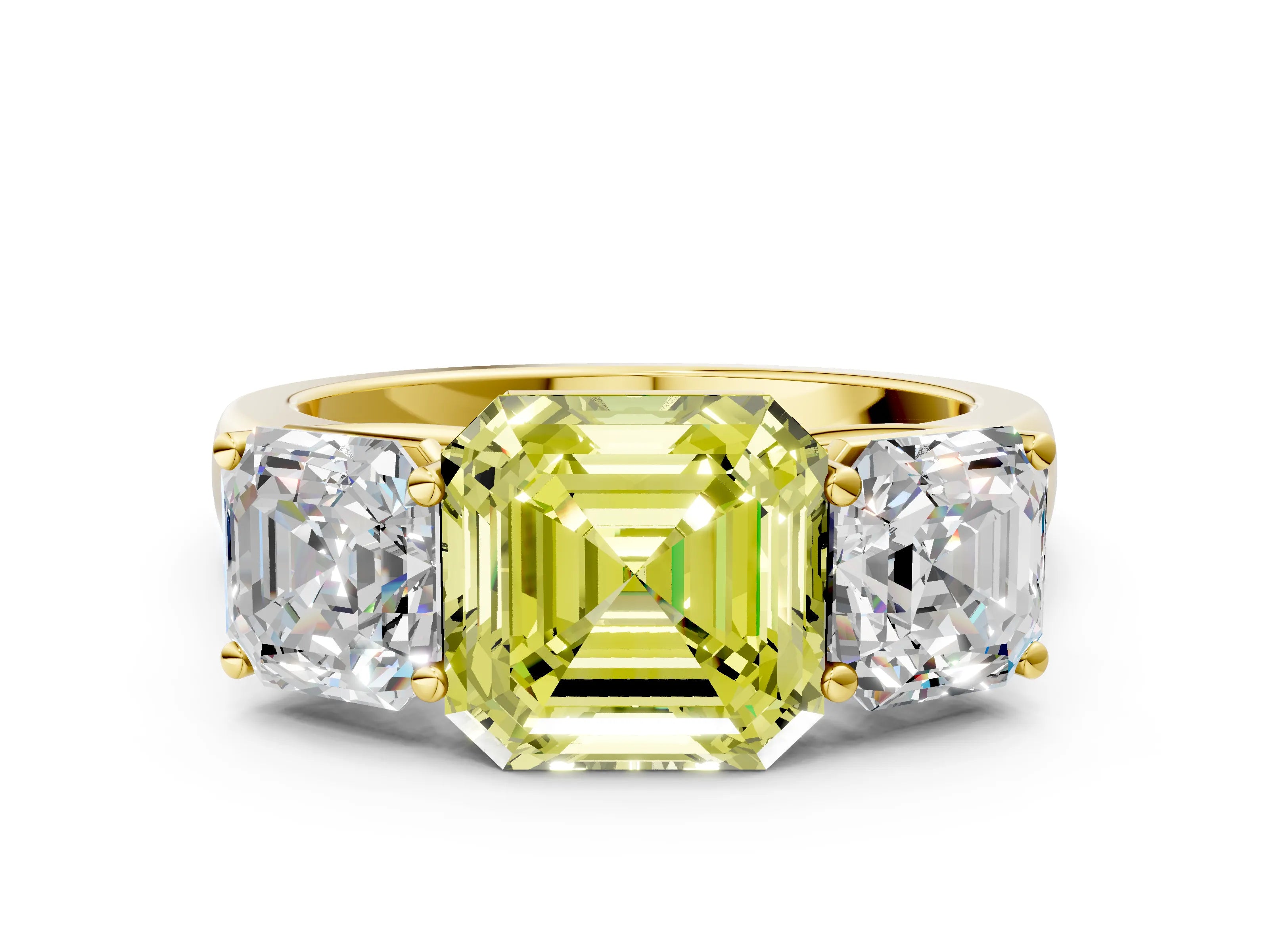 Yellow gold Fancy Yellow Asscher Cut Three-Stone Diamond Ring with Prong Setting on a Classic Band