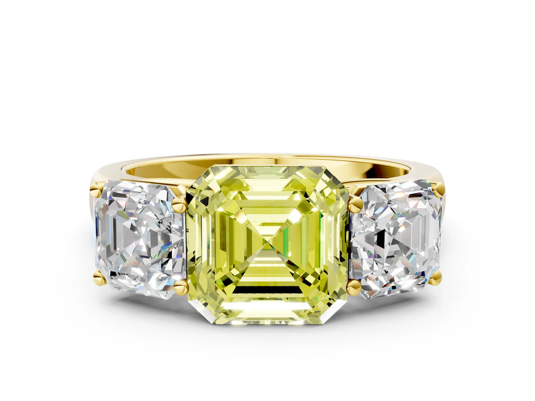 Yellow gold Fancy Yellow Asscher Cut Three-Stone Diamond Ring with Prong Setting on a Classic Band_12
