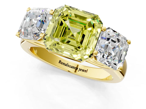 Yellow gold Fancy Yellow Asscher Cut Three-Stone Diamond Ring with Prong Setting on a Classic Band_1