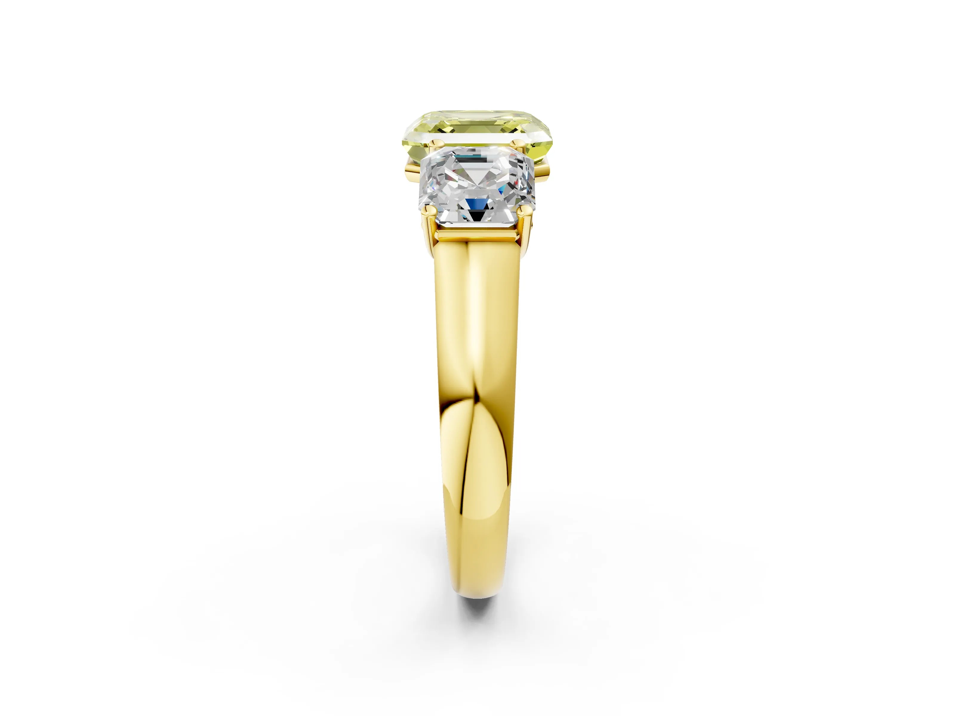 Yellow gold Fancy Yellow Asscher Cut Three-Stone Diamond Ring with Prong Setting on a Classic Band_2