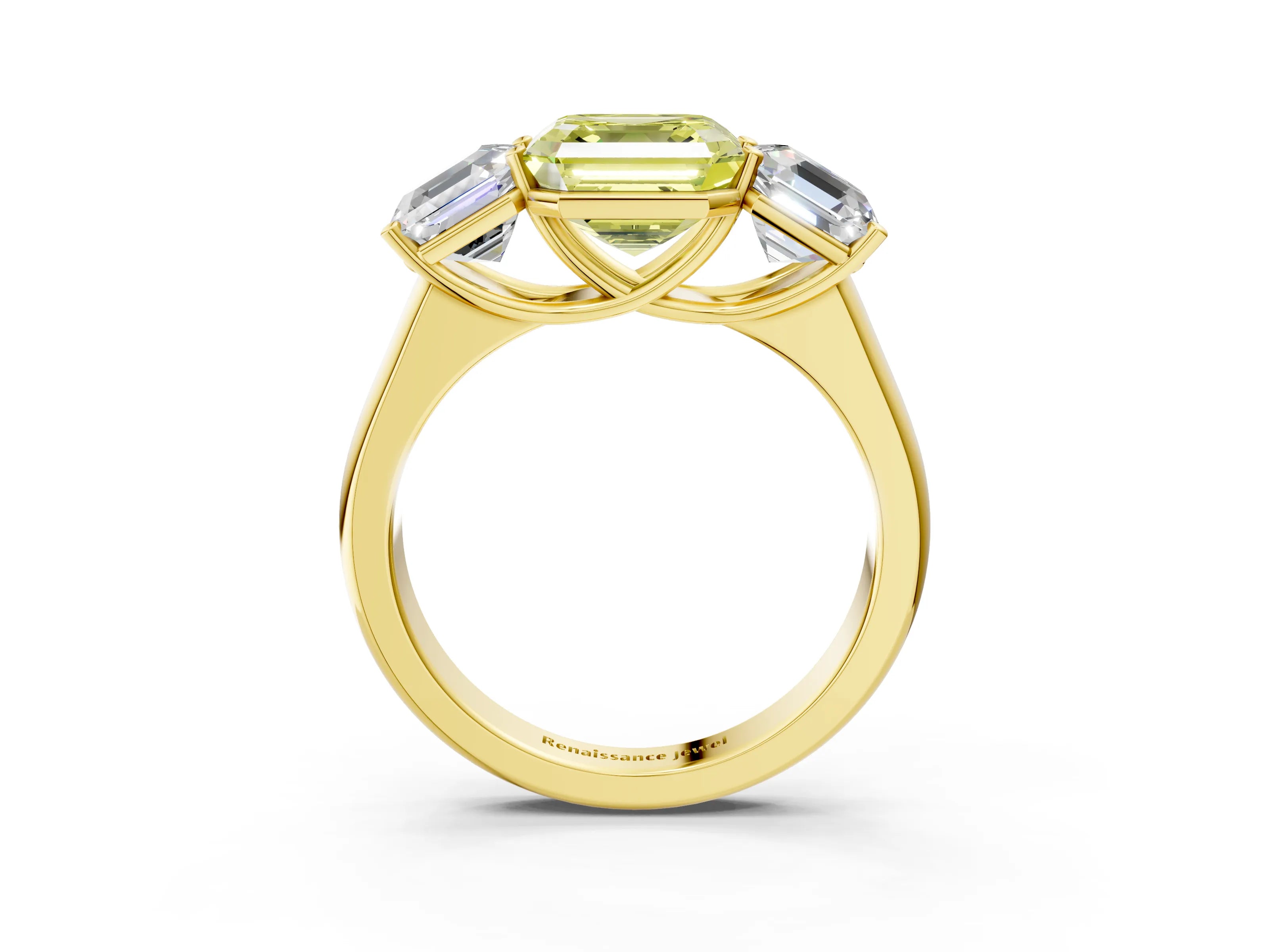Yellow gold Fancy Yellow Asscher Cut Three-Stone Diamond Ring with Prong Setting on a Classic Band_3